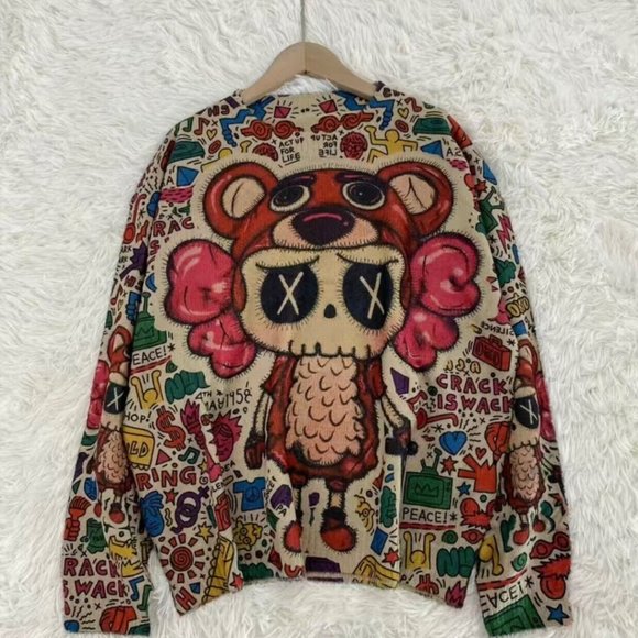 Womens Pullover Sweater Small Beige Red Stretch Crew Neck Print Bear Dolls Relax - Picture 7 of 16